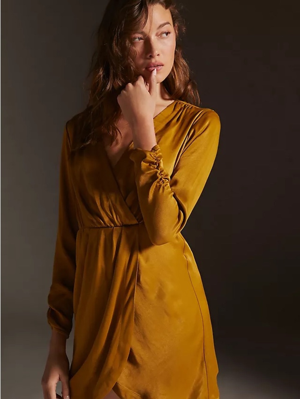 Anthropologie Maeve Moss Mustard Gold Wrap Mini Dress Size Medium